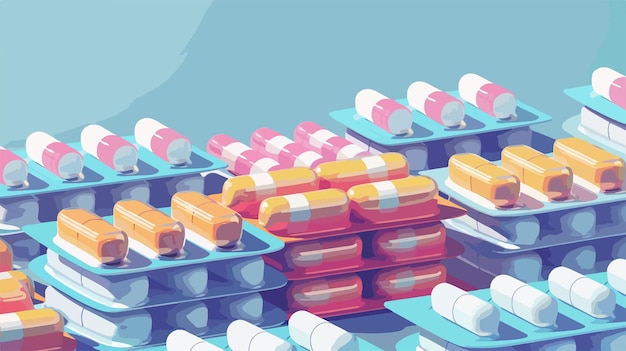 Vector stack of pills in blister packs on blue background