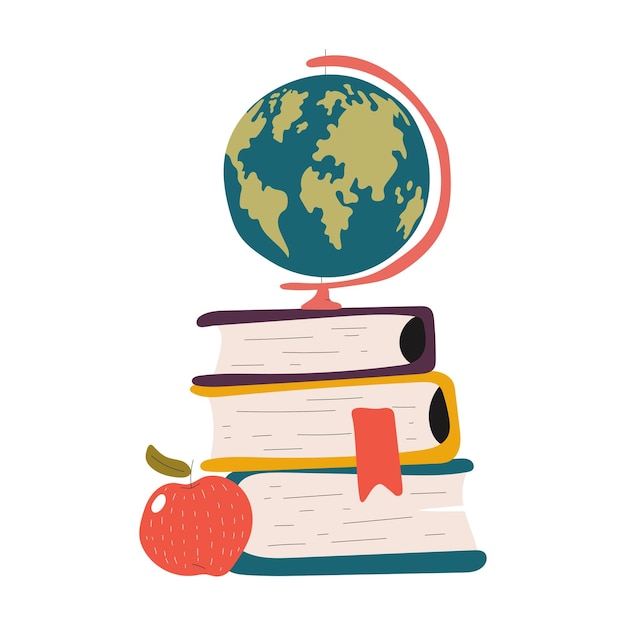 Stack of school books with earth globe vector cartoon illustration isolated on a white background