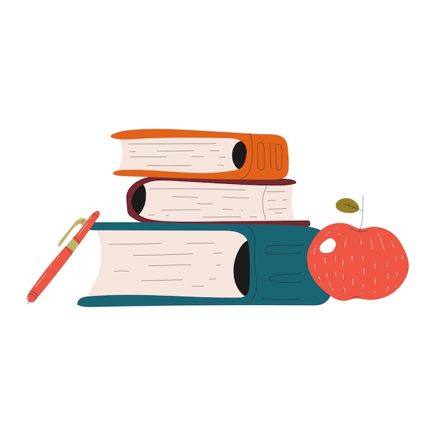 Stack of school books with pen and apple fruit vector cartoon illustration isolated on a white background