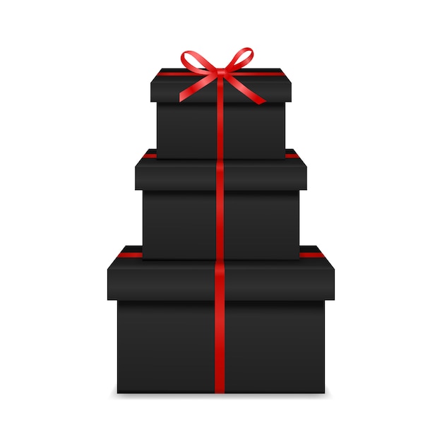 Stack of three realistic black gift boxes with red ribbon and bow