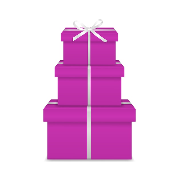 Stack of three realistic pink gift boxes with white ribbon and bow