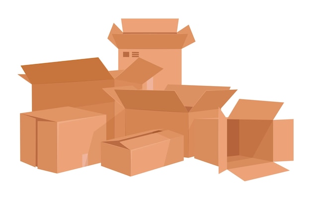 Stacked cargo boxes Cardboard boxes stack delivery packages pile warehouse storage parcels flat vector illustration Shipping or moving concept