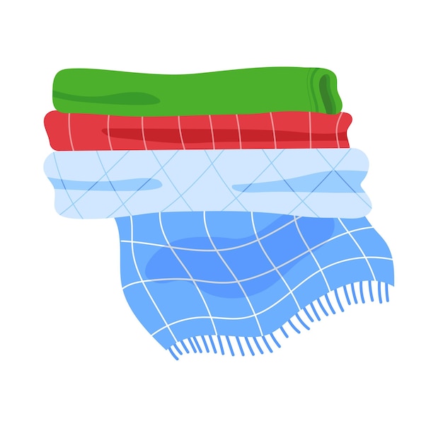 Stacked colorful blankets cozy home concept Folded green red and blue checkered plaid throws vector illustration