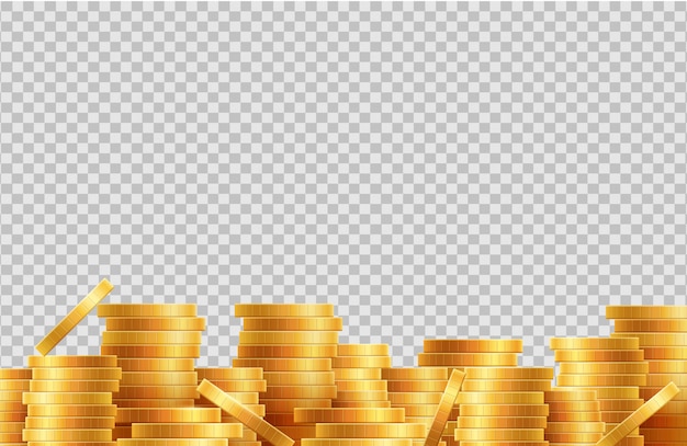 Stacks of coins vector. Lot golden coins isolated on transparent background