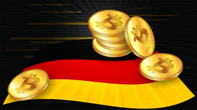 Stacks of gold coins of Bitcoin BTC on colored flag of Germany on dark digital background Central Bank of Deutschland adopts laws on digital assets CBDC