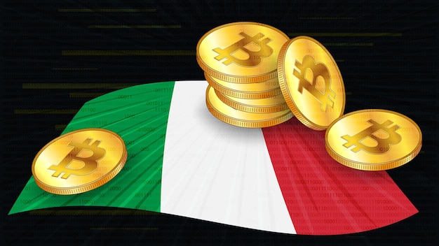 Stacks of gold coins of Bitcoin BTC on colored flag of Italy on dark digital background Central Bank of Italy adopts laws on digital assets CBDC