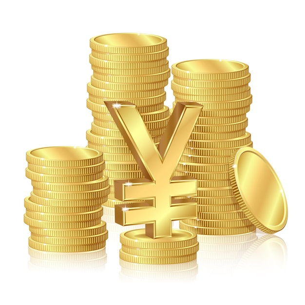 Stacks of gold coins and yen sign