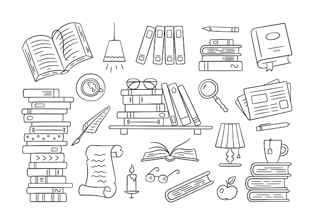 Stacks of paper books, home library, bookshelf in doodle style. Hand drawn set