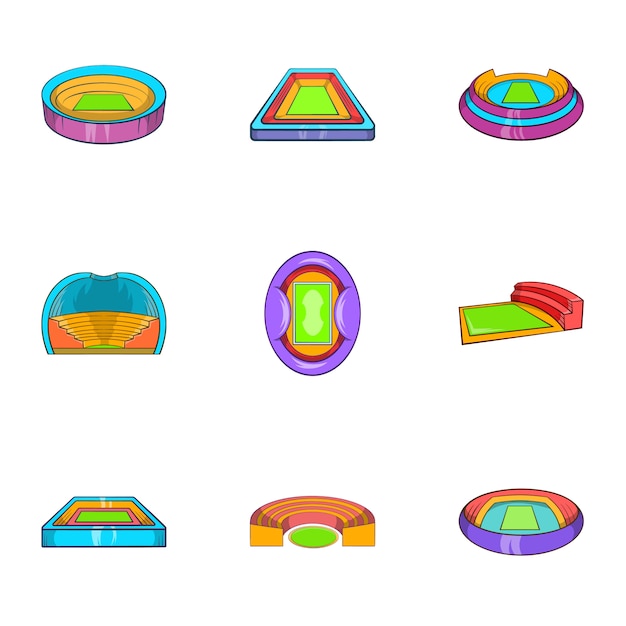 Stadium icons set, cartoon style