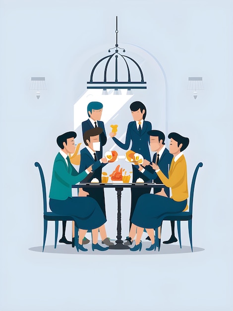 Staff Members Enjoying a Team Lunch in a Fancy Restaurant Vector Illustration