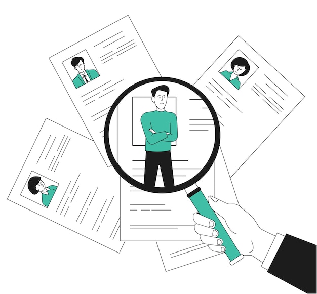 Staff recruitment. Hr look on employee in magnifying glass, human manager. Hiring business team, people resume or cv. Search job recent vector concept. Illustration choice resources, recruit staff