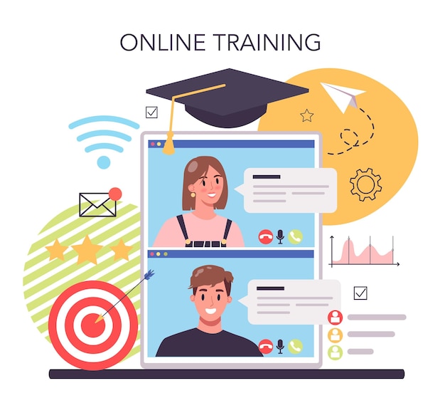 Staff training online service or platform Business personnel management and empolyee growth Business school Online training Isolated flat vector illustration