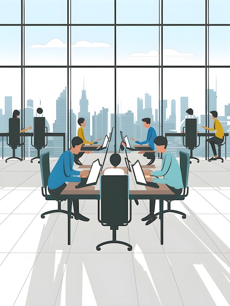 Staff Working at Their Desks in an Openplan Office With Panoramic Windows Vector Illustration