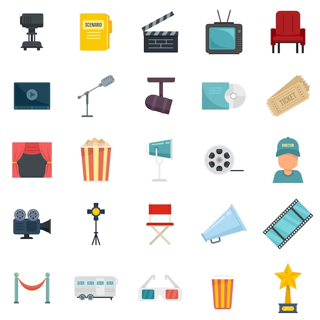 Stage director icons set. Flat set of stage director vector icons isolated on white background