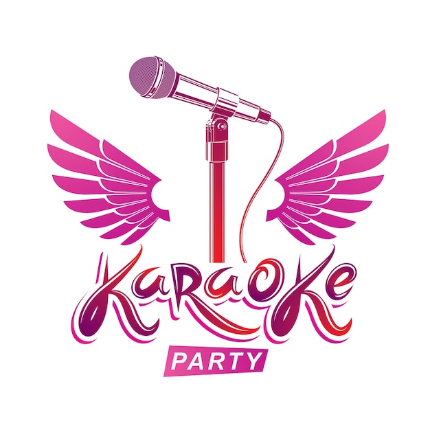 Stage microphone audio equipment created using bird wings, live music concert vector invitation emblem. Music and art makes you free, karaoke party lettering.