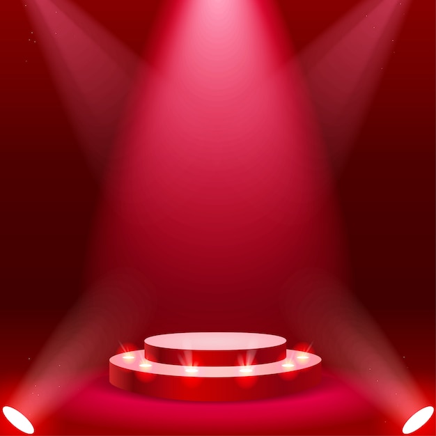 Stage podium with spotlight on red background