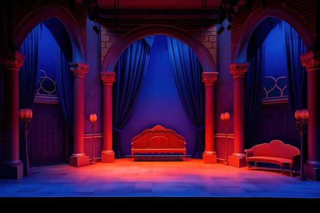 a stage with a red and blue curtain that says quot the name of the company quot