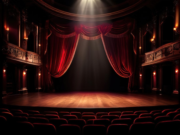 a stage with a red curtain that says the word on it