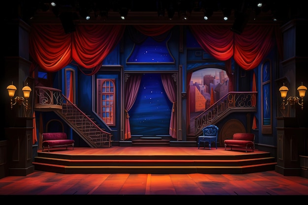 a stage with a staircase and stairs in the background