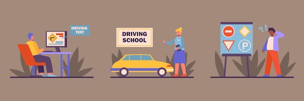 Stages of learning at driving school Theory and practice Students study road signs and pass test Preparation for obtaining driver license Set of illustrations for advertising driving school