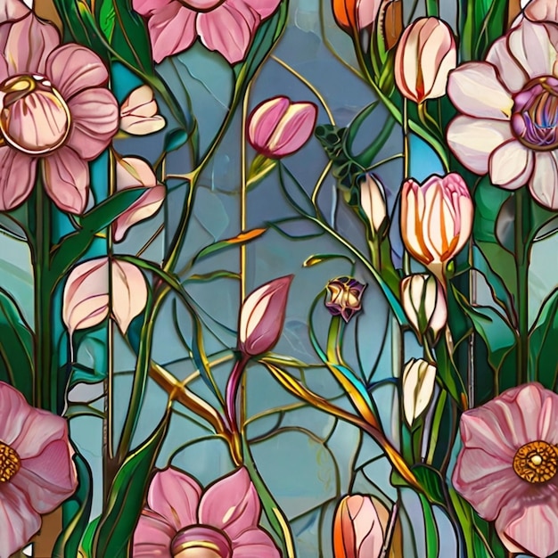 Vector a stained glass window with flowers and leaves