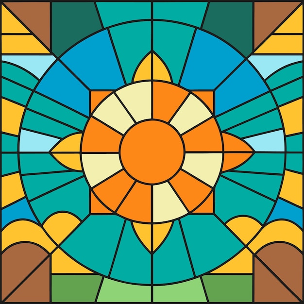 Vector a stained glass window with a sun design in it