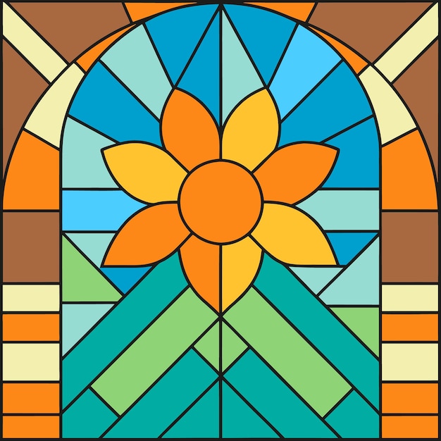 Vector stained glass window with sunflower design in blue green blue and yellow