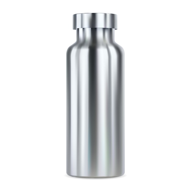 Stainless steel water bottle . Reusable thermo flask,  illustration. Outdoor sport product blank for your brand promotion. Aluminum canister sample with cap. Empty fitness can