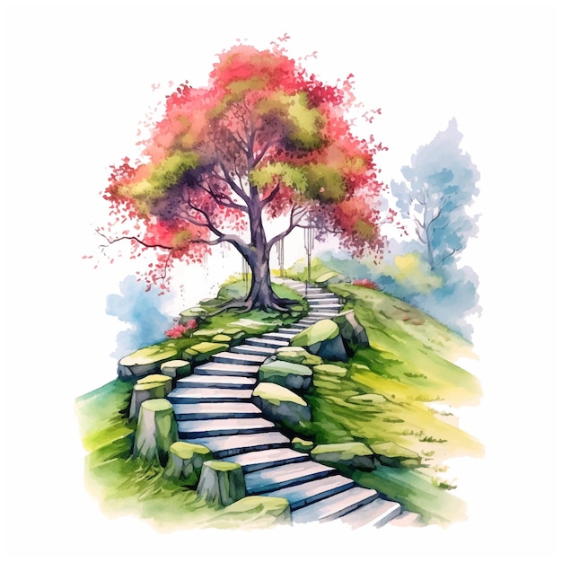 Stairs leading to the tree watercolor paint ilustration