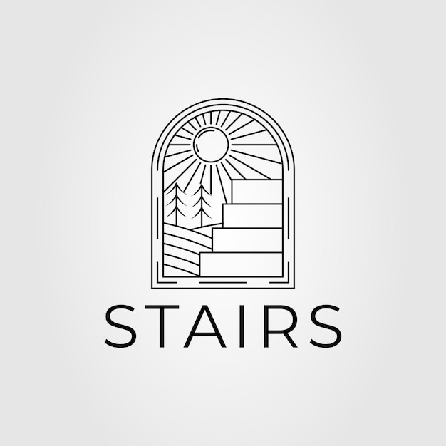 Stairs or stairway line art with nature landscape logo vector illustration design