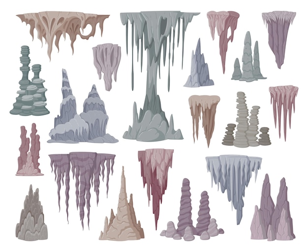 Stalagmite and stalactite limestone stones flat vector illustration collection