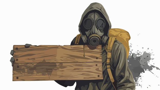 Stalker in Gas Mask With Wooden Banner Disaster Concept Photo