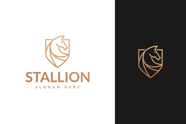 Stallion horse head and shield with line outline monoline style logo design vector