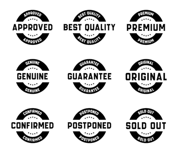 Vector stamp design set premium quality guaranteed approved sold out postponed confirmed genuine o