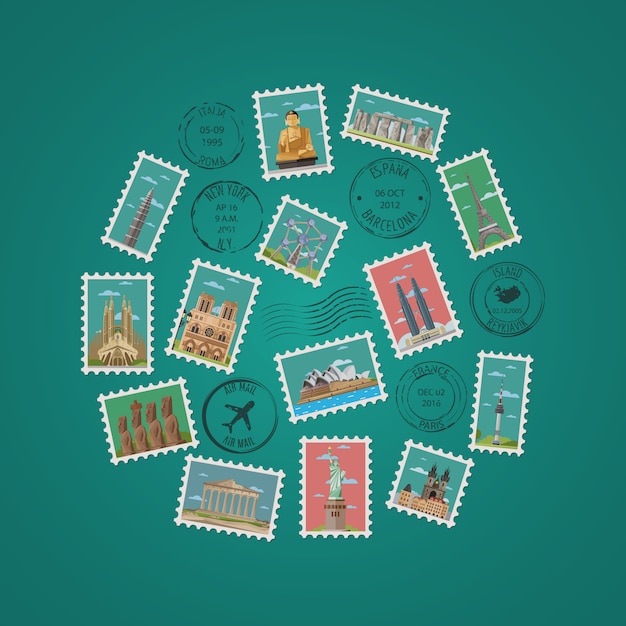 Stamps with famous architectural compositions