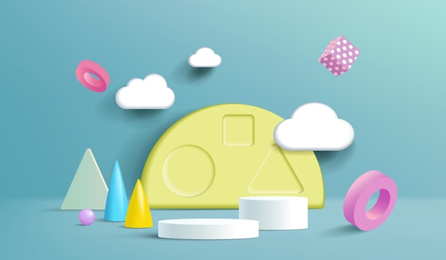 Stand and display colorful pastels with clouds 3D rendering A scene for advertising Mockup for kid's product display or showcase