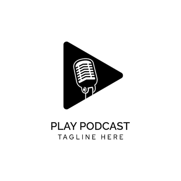 Stand Mic Microphone with Play Button icon for Podcast Channel Radio Logo Design Inspiration