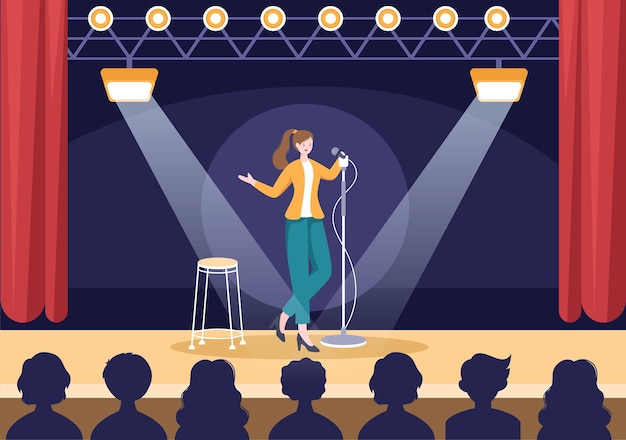 Stand Up Comedy Show Theater Scene with Red Curtain Comedian and Open Microphone to in Illustration