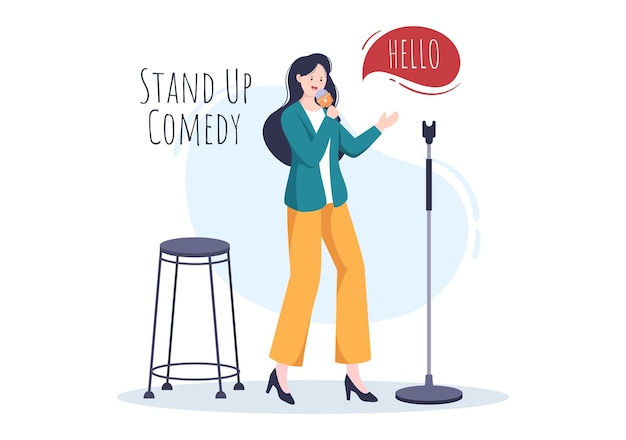 Stand Up Comedy Show Theater Scene with Red Curtain Comedian and Open Microphone to in Illustration