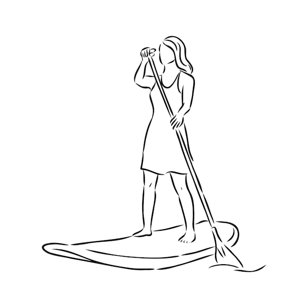 Stand up paddle surfing, boarding. Single female surfer with paddle. Surfrider girl on board. Paddleboarding, SUP fitness. fitness illustration. Abstract isolated contour of surfboarder. paddleboardin