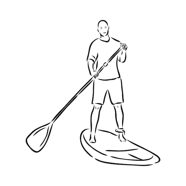 Stand up paddle surfing, boarding. Single female surfer with paddle. Surfrider girl on board. Paddleboarding, SUP fitness. fitness illustration. Abstract isolated contour of surfboarder. paddleboardin