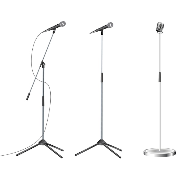 Stand with modern microphone on white background