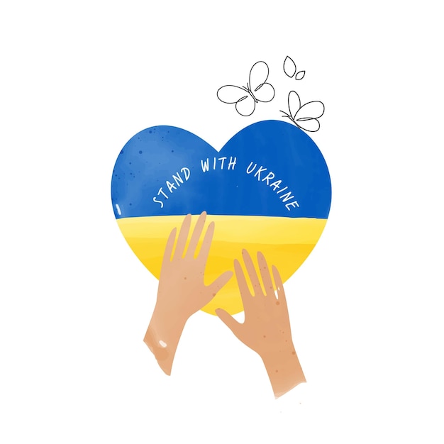 Stand with Ukraine flat art on white background Ukraine flag love shape praying concept.