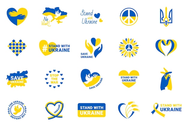 Stand with Ukraine stickers set Badges in blue and yellow with no war support UA and save Ukraine