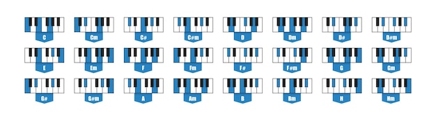 Vector standard 24 piano chords set flat vector illustration concept