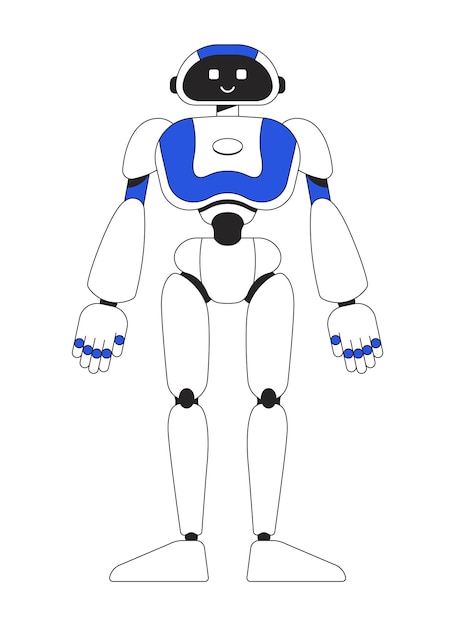 Standing humanoid robot with smile linear flat color vector character