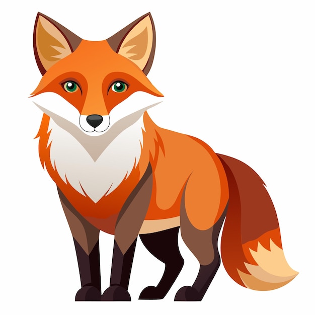 Vector a standing red fox with green eyes and a bushy tail