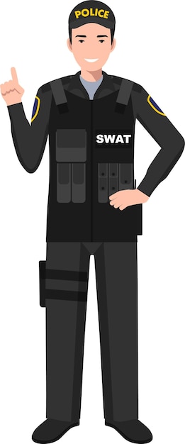 Vector standing swat policeman officer in traditional uniform character icon in flat style vector