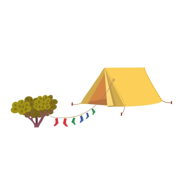 Standing tent with stretched rope tree icon outdoor tourist travel stuff journey equipment cartoon v...