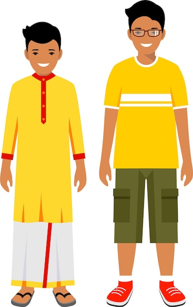 Vector standing together cute smiling indian people of different ages in traditional national clothes